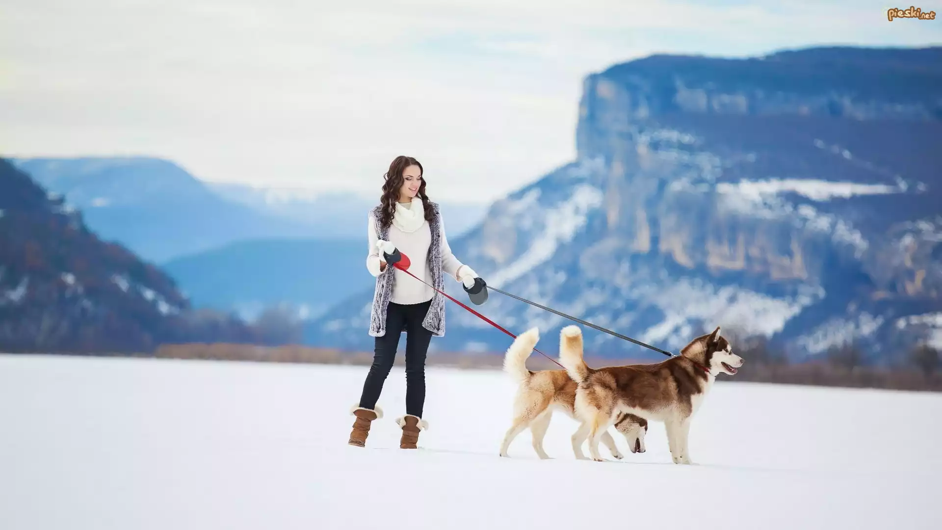 Dziewczyna, Dwa, Psy, Siberian husky, Góry, Zima