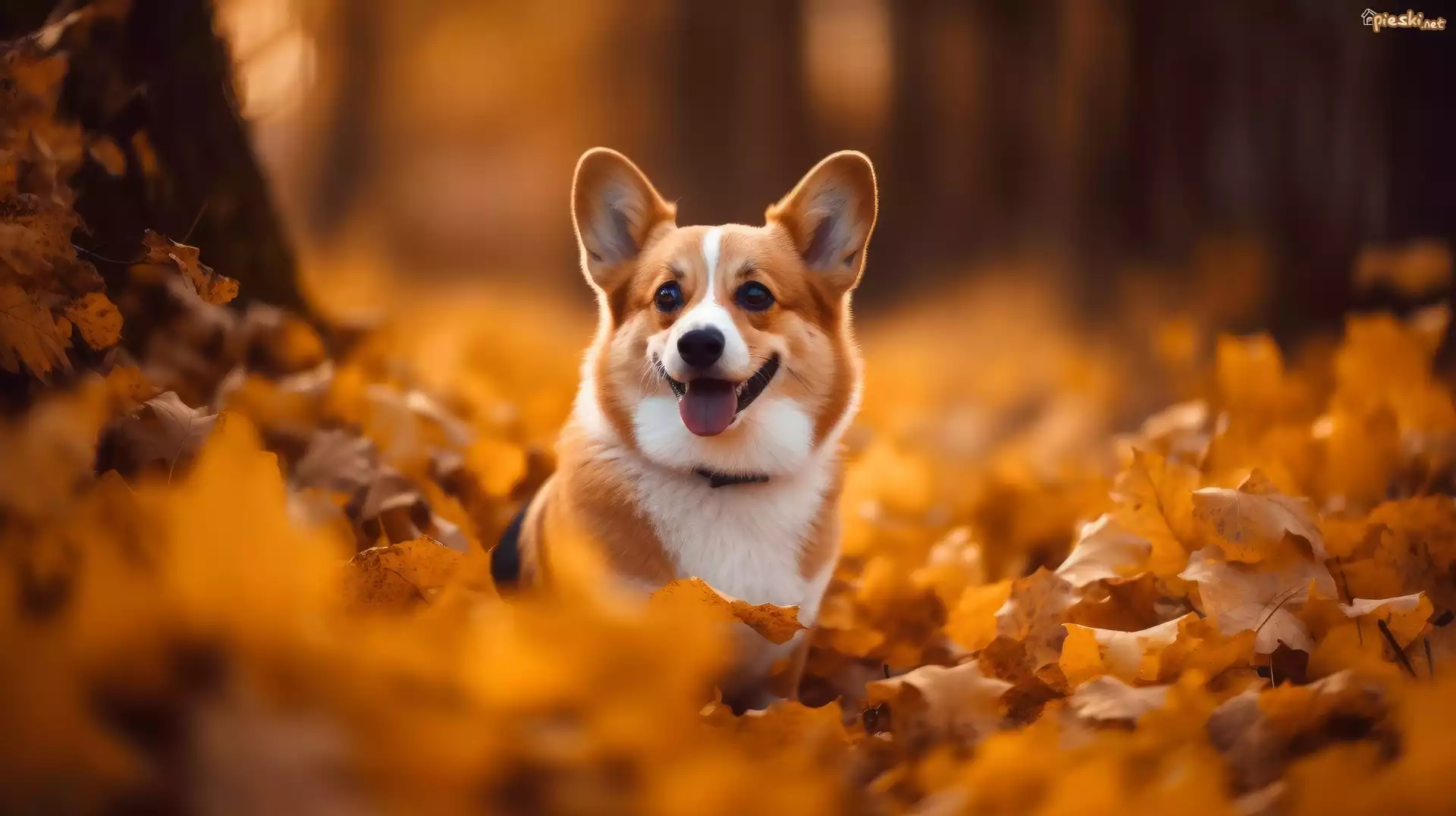 Pies, Welsh corgi pembroke, Liście, Jesień, Grafika
