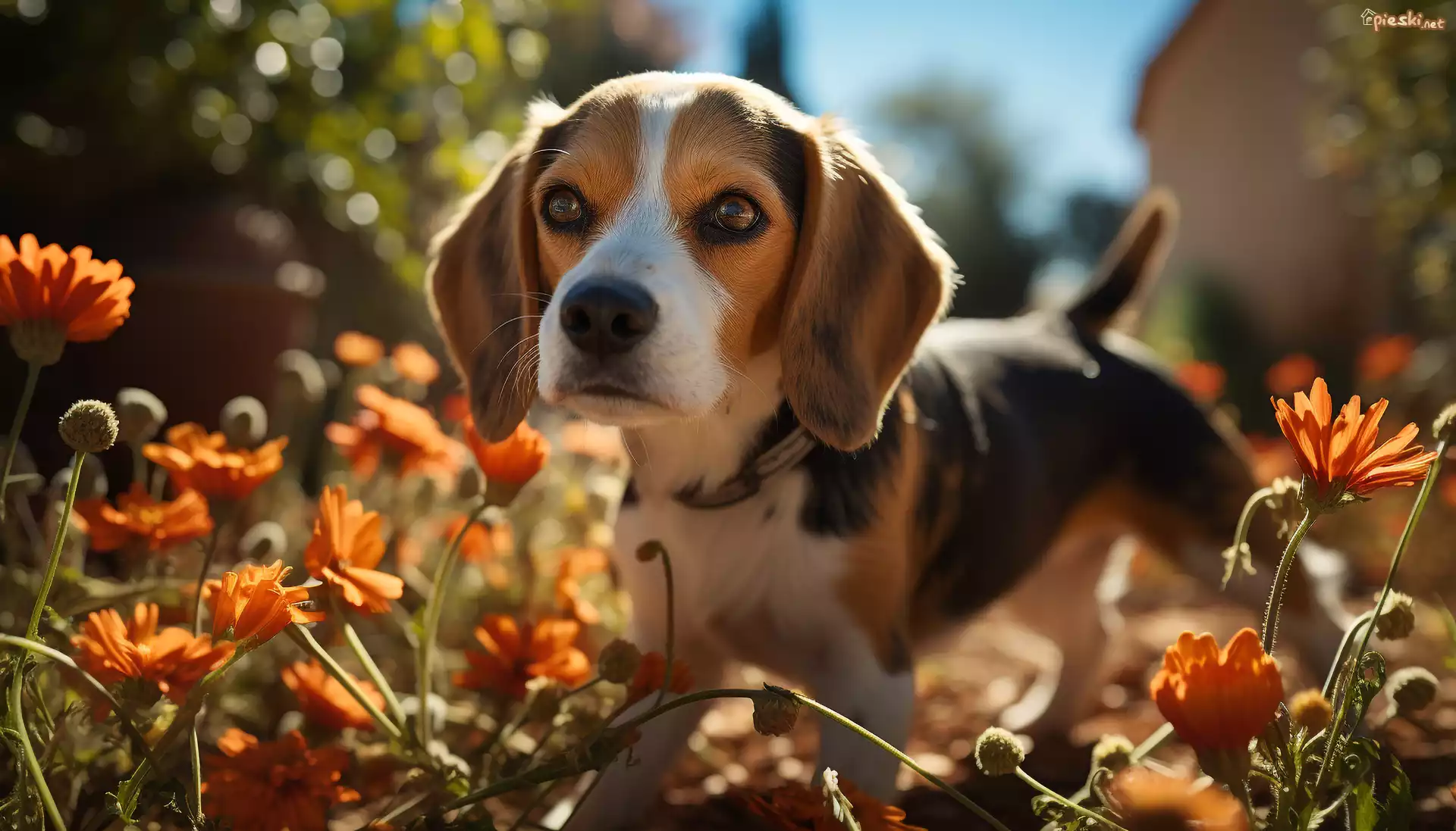 Beagle, Pies, Szczeniak, Kwiaty, Grafika
