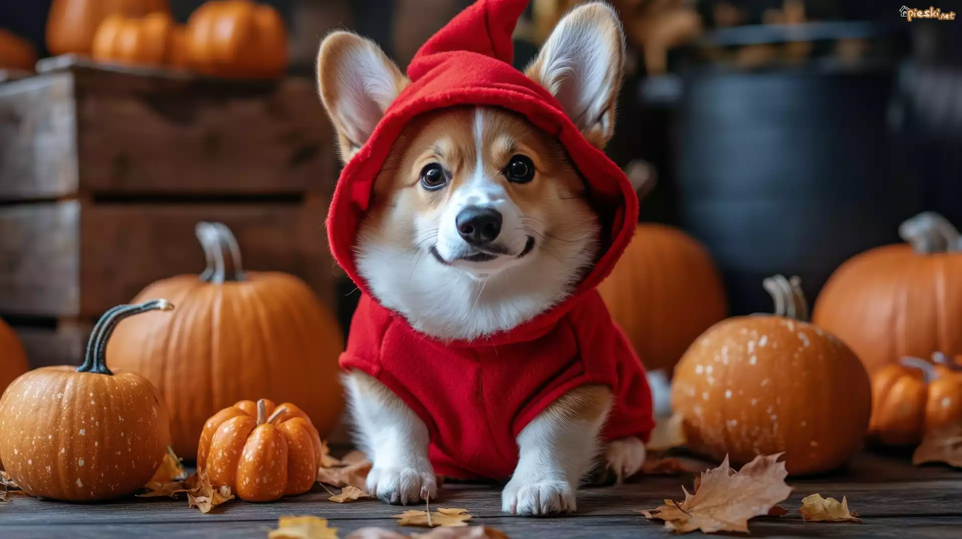 Pies, Welsh corgi pembroke, Czapka, Czerwone, Ubranko, Dynie, AI