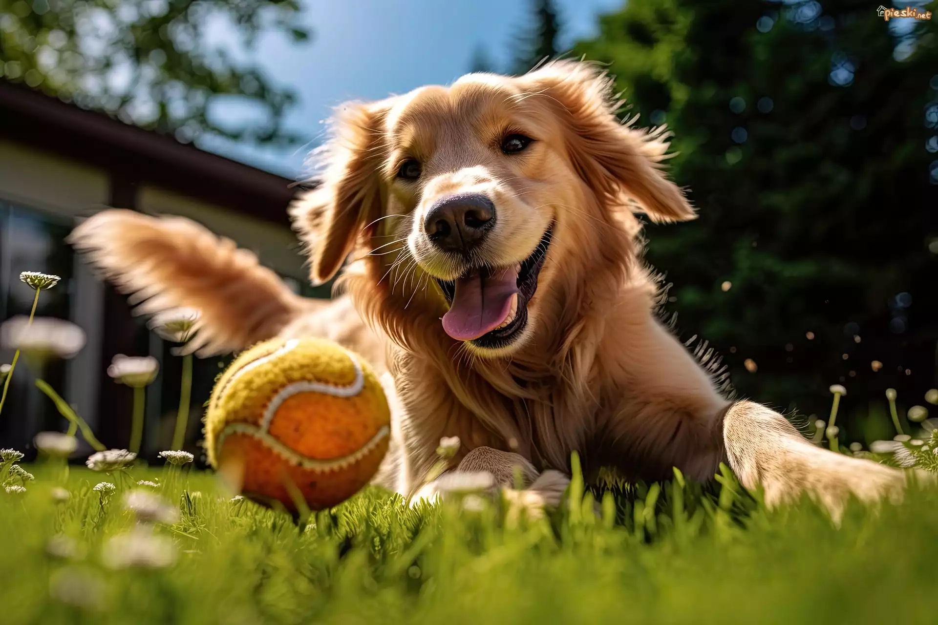 Pies, Golden retriever, Piłka, Zabawa, Grafika