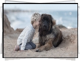 Dziecko, Chłopiec, Pies, Leonberger, Przyjaciela, Plaża, Piasek