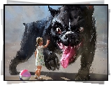 Dziecko, Dziewczynka, Zły, Pies, Piłka, Digital Art