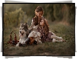 Kobieta, Dziecko, Dziewczynka, Pies, Alaskan malamute