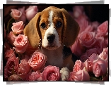 Beagle, Pies, Mordka, Róże, Szczeniak