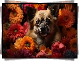 Pies, Mordka, Pomarańczowe, Kwiaty