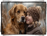 Rudy, Pies, Golden retriever, Dziewczynka, Czapka, Kurtka