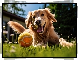 Pies, Golden retriever, Piłka, Zabawa, Grafika