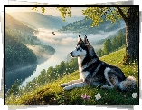 Góry, Wzgórze, Rzeka, Mgła, Drzewo, Polana, Pies, Siberian husky