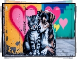 Street Art, Kot, Pies, Serce, Mural, Grafika, AI