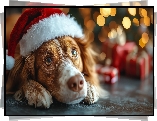 Pies, Springer spaniel walijski, Czapka, Mikołaja, Prezenty