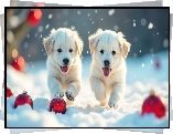 Dwa, Białe, Psy, Szczeniaki, Śnieg, Bombki, AI