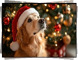 Pies, Golden retriever, Czapka, Świętego, Mikołaja, Grafika AI
