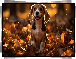 Pies, Beagle, Szczeniak, Liście, Jesień, Grafika AI