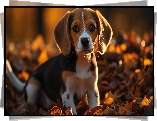 Beagle, Pies, Szczeniak, Liście, Grafika AI