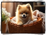Pies, Szpic miniaturowy, Kosz, Koc, Białe, Kwiaty