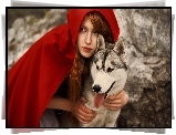 Kobieta, Czerwona, Peleryna, Pies, Husky