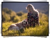 Dziewczyna, Golden Retriever, Łąka, Trawa