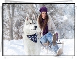 Dziewczyna, Pies, Husky, Zima, Sanki