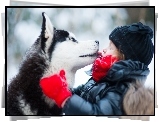 Dziewczynka, Husky, Przyjazń, Park, Zima