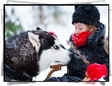 Dziecko, Zima, Gałązka, Pies,  Siberian Husky