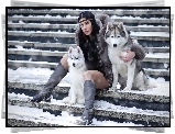 Kobieta, Dwa, Pieski, Siberian Husky
