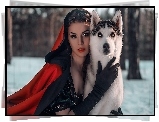 Kobieta, Czerwona, Peleryna, Pies, Husky